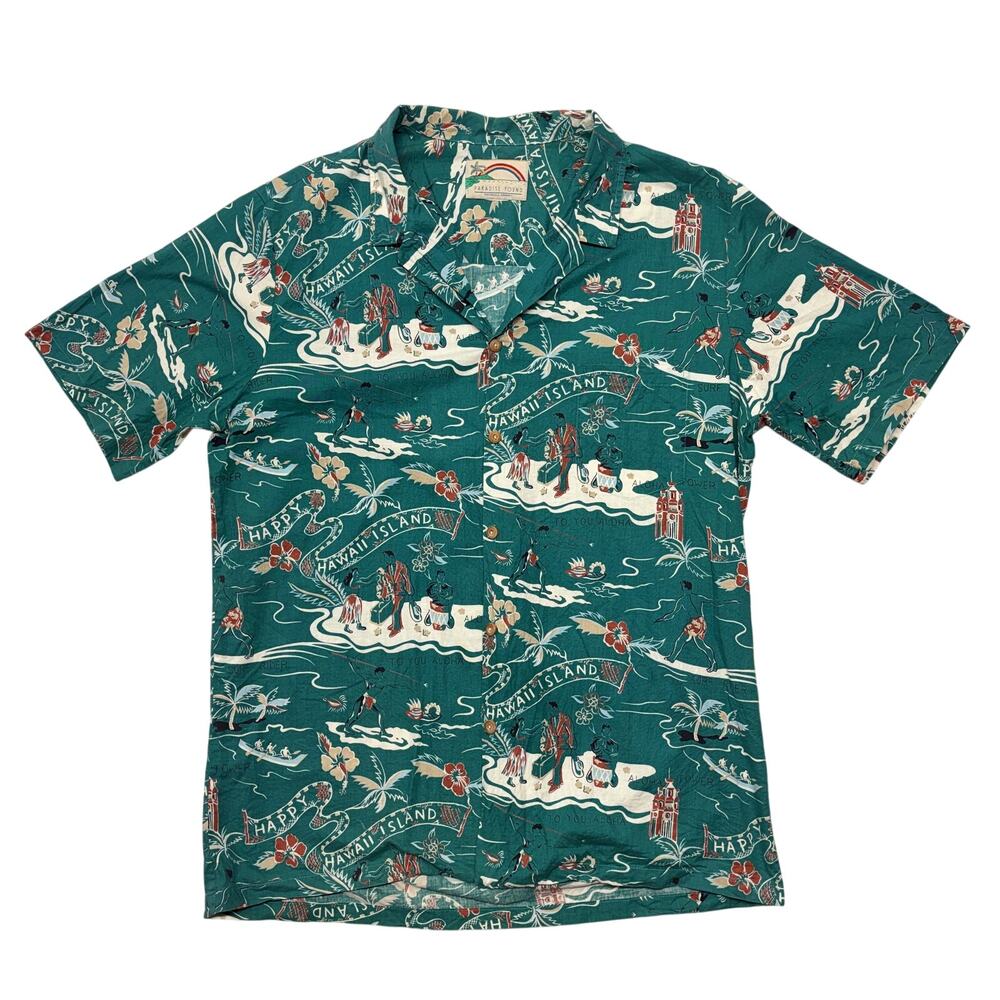 Vintage Paradise Found Mens Shirt XL Green Hawaii Island Camp Aloha Hawaiian